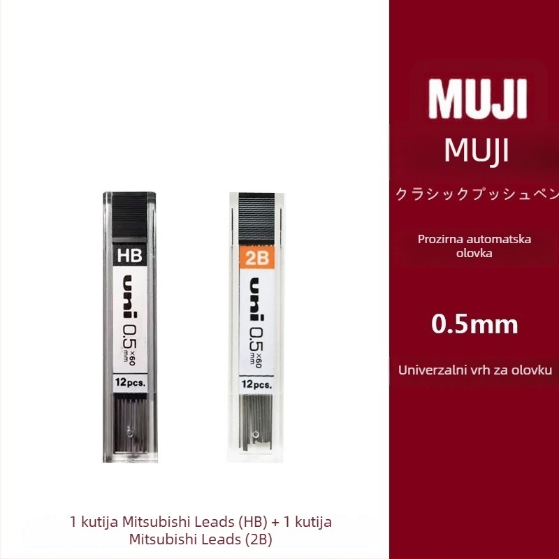 Muji mehanička olovka, 0,5 mm grafit, 2B/HB, prozirno tijelo, plastično kućište, ergonomski dizajn protiv umora