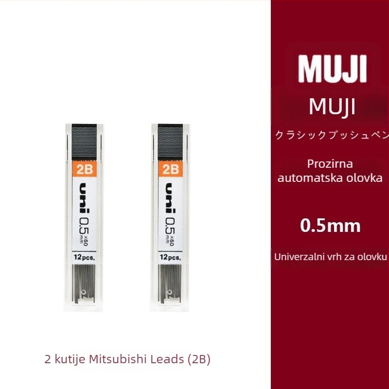 Muji mehanička olovka, 0,5 mm grafit, 2B/HB, prozirno tijelo, plastično kućište, ergonomski dizajn protiv umora