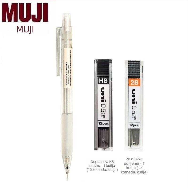 Muji mehanička olovka, 0,5 mm grafit, 2B/HB, prozirno tijelo, plastično kućište, ergonomski dizajn protiv umora