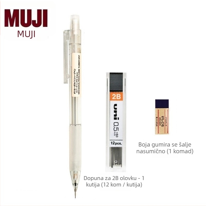 Muji mehanička olovka, 0,5 mm grafit, 2B/HB, prozirno tijelo, plastično kućište, ergonomski dizajn protiv umora