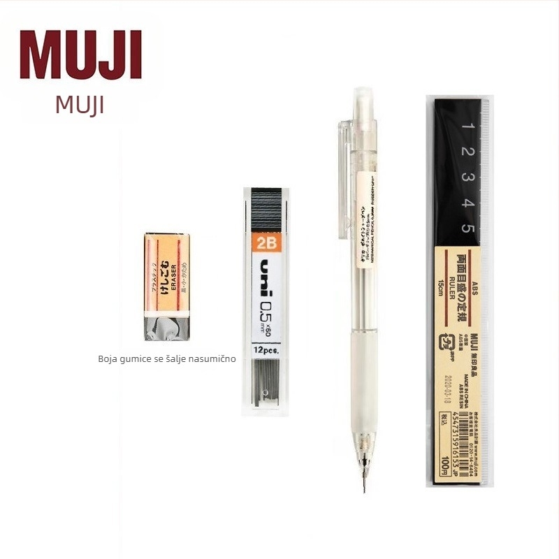 Muji mehanička olovka, 0,5 mm grafit, 2B/HB, prozirno tijelo, plastično kućište, ergonomski dizajn protiv umora