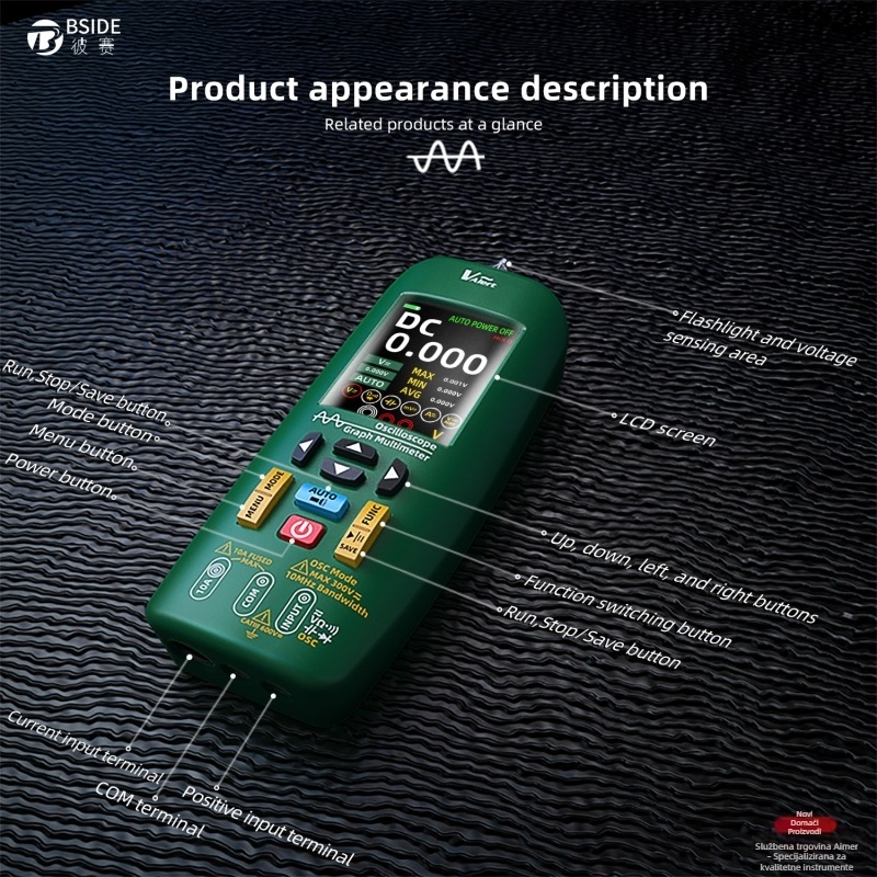 BSIDE O1 Digitalni ručni osciloskop, multimetar i električna olovka — troj-in-1 grafički mjerni uređaj, 1-kanalni, širina pojasa 10, brzina uzorkovanja 48 MSa/s, zapis do 64K