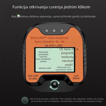 Fazni detektor i višenamjenski tester utičnica s provjerom polariteta, curenja i uzemljenja