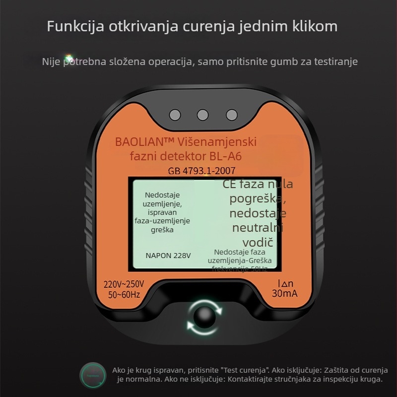 Fazni detektor i višenamjenski tester utičnica s provjerom polariteta, curenja i uzemljenja