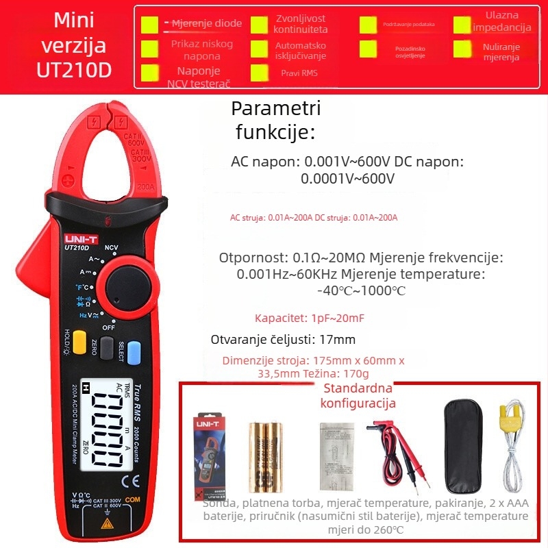 Digitalni klešta mjerač UT210D, Uni-T, AC/DC 200A, kompaktan