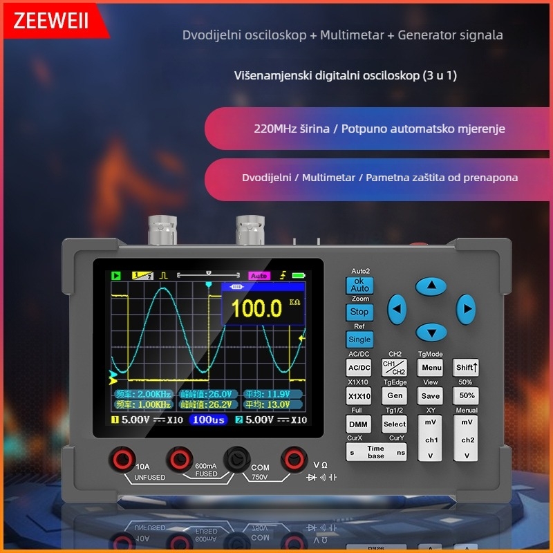 DSO3D12 Visokoučinkoviti potpuno automatski dvokanalni digitalni osciloskop s multimetrom, 120 MHz širina pojasa, 500 MS/s uzorkovanje