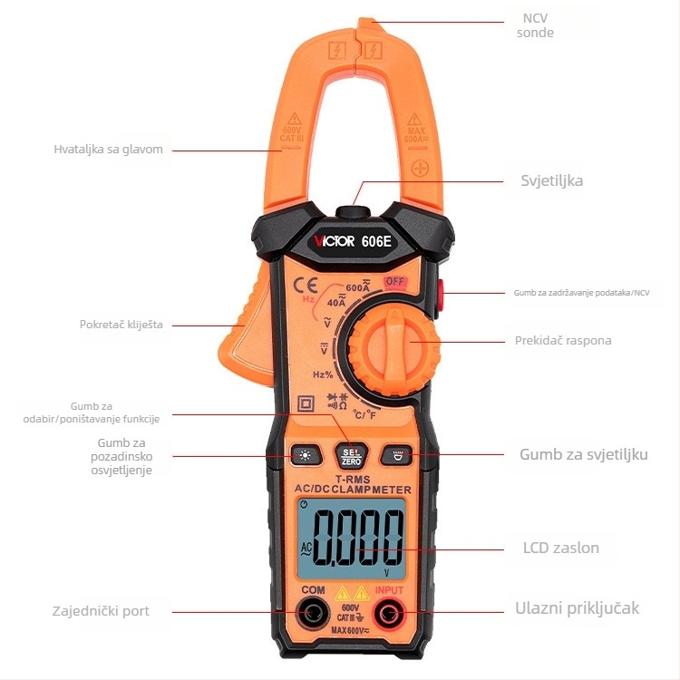 Victor VC606E digitalni kleštni multimetar za AC struju, LCD zaslon, raspon 4A–600A VC606D