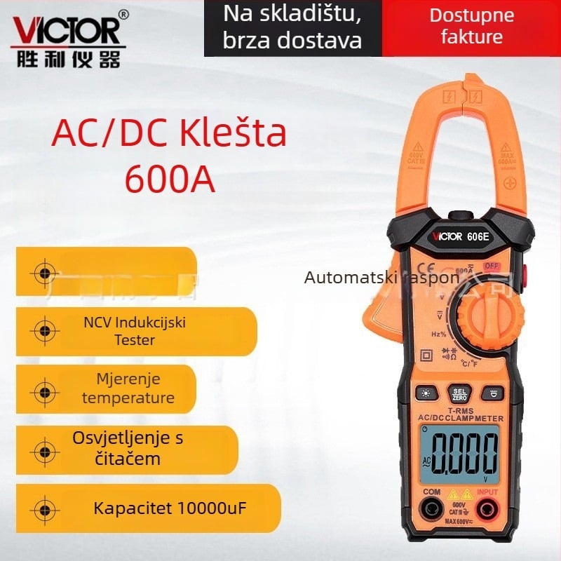 Victor VC606E digitalni kleštni multimetar za AC struju, LCD zaslon, raspon 4A–600A VC606D