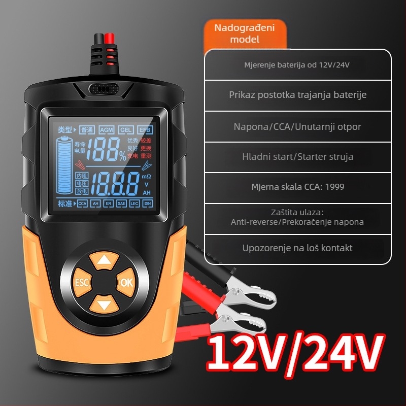 Detektor baterija Chenzhou Island — 12–24V za olovno-kiselinske baterije, glasovna najava, veliki zaslon, napajanje 12–24V, -10 do 50°C, za automobile, motocikle, električna vozila i skladišne dizalice