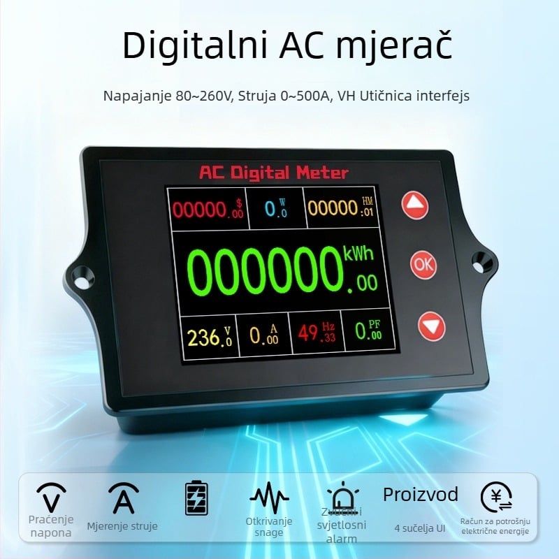 Peacefair Višenamjenski mjerni uređaj za AC napon i struju s digitalnim zaslonom, praćenje snage, frekvencija, energomjer