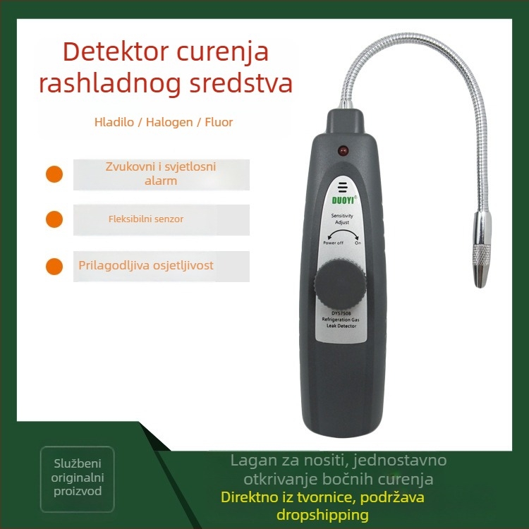 DY5750B Prijenosni detektor za curenje rashladnog sredstva u automobilskom klimi s detekcijom halogena; otkriva curenje u automobilskoj i kućnoj klimatizaciji; napajanje s četiri alkalne baterije; radna temperatura 0–50°C