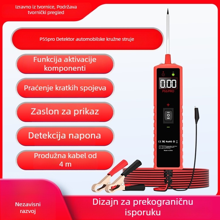 Detektor kvarova automobila sa zaslonom, model P55Pro, dijagnostika baterije, napajanje 6-30 V, radna temperatura -20°C do 60°C.
