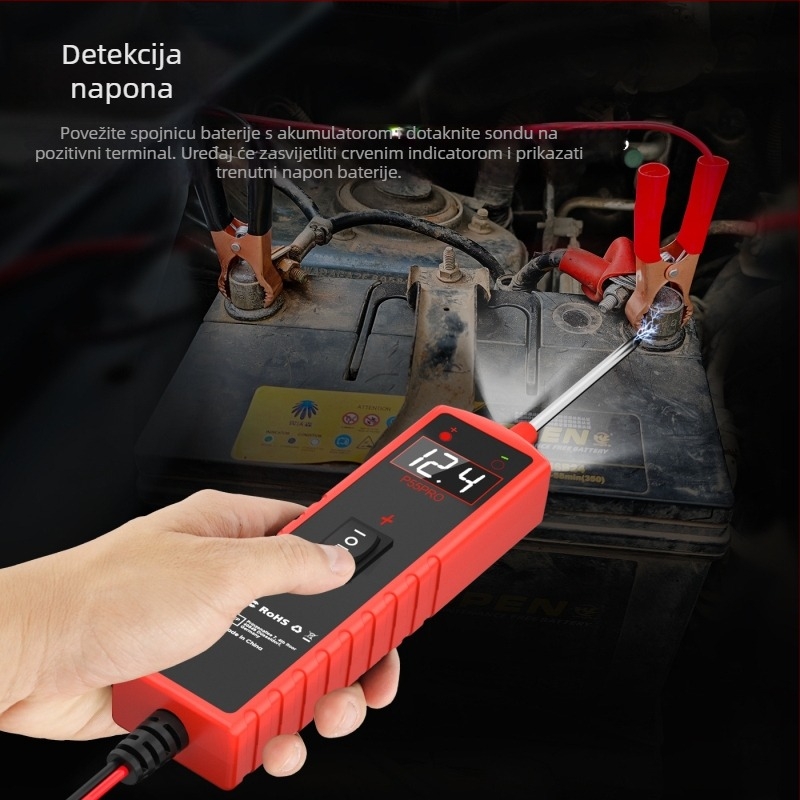 Detektor kvarova automobila sa zaslonom, model P55Pro, dijagnostika baterije, napajanje 6-30 V, radna temperatura -20°C do 60°C.