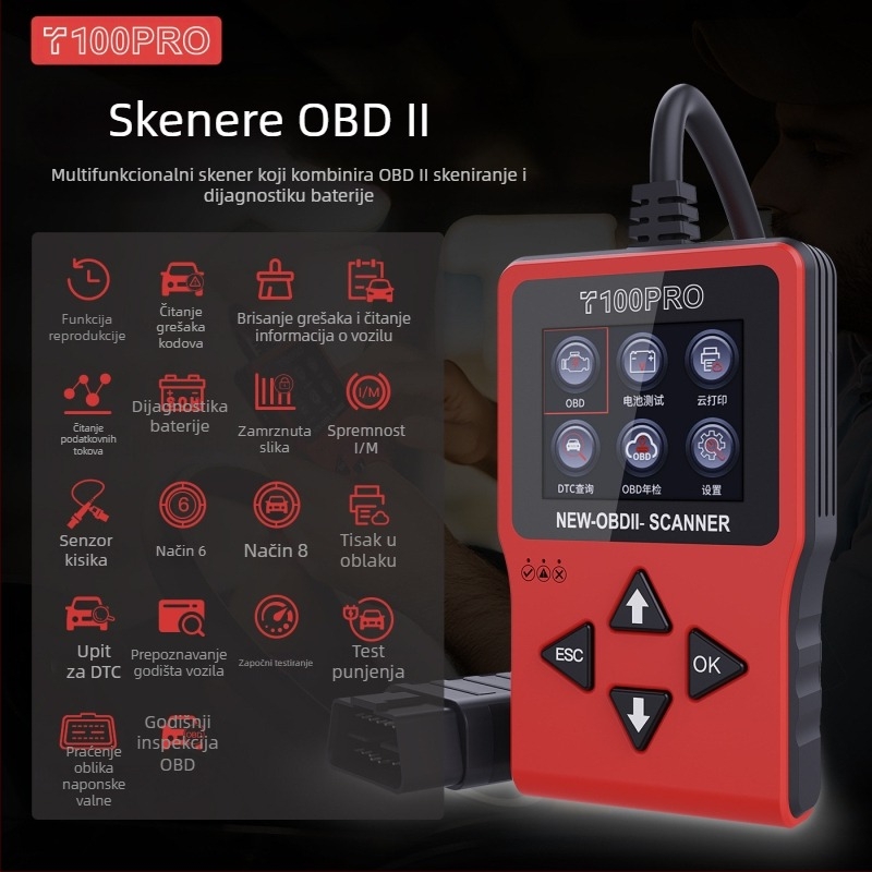 OBD2 automobilski dijagnostički instrument s Elm327 sučeljem, dijagnostika kvarova motora i baterije, čitanje kodova, model T100pro, 12V