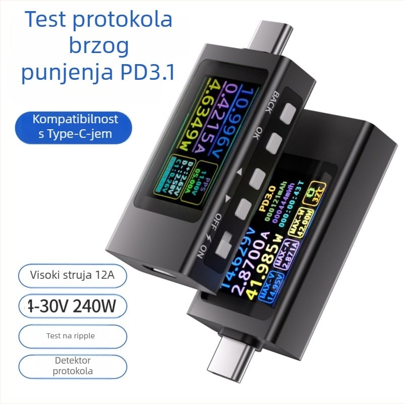 Type-C PD punjač s detektorom brzog punjenja, mjeračem snage i USB testerom – višenamjenski prikaz struje i napona