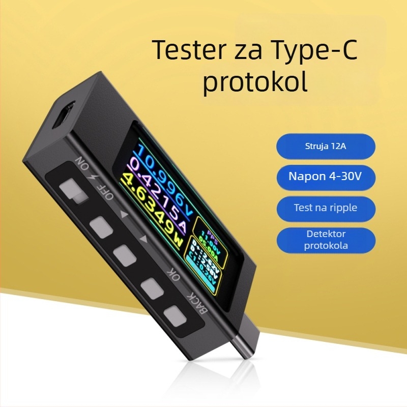 Type-C PD punjač s detektorom brzog punjenja, mjeračem snage i USB testerom – višenamjenski prikaz struje i napona