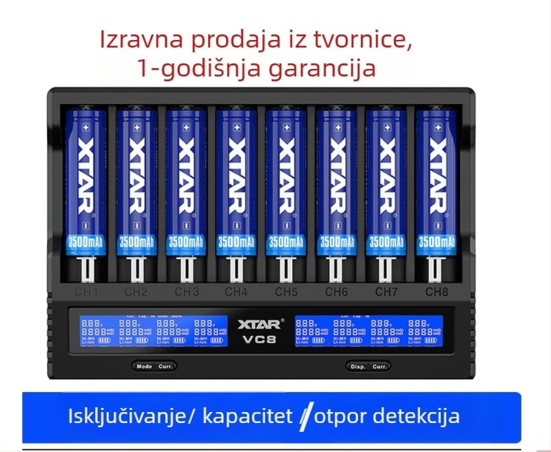 XTAR VC8 punjač baterija, 8 utora, kompatibilan s 18650/21700/26650, 3A inteligentni test kapaciteta i unutarnje otpornosti