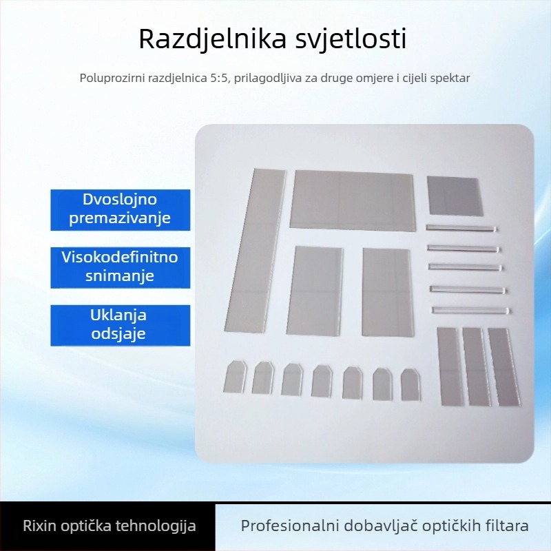 FG002 Razdjeljivač snopa s premazom, 55% prijenos, polu-reflektirajući/poluprozirni, optičko staklo, debljina 0,2–3 mm, oblici: pravokutni, kružni ili prilagodljivi