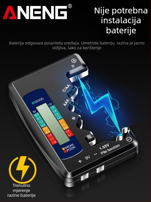 BT158 Detektor napajanja baterije – Digitalni LCD zaslon, mjerenje preostale energije, tester napona i kapaciteta za univerzalnu bateriju
