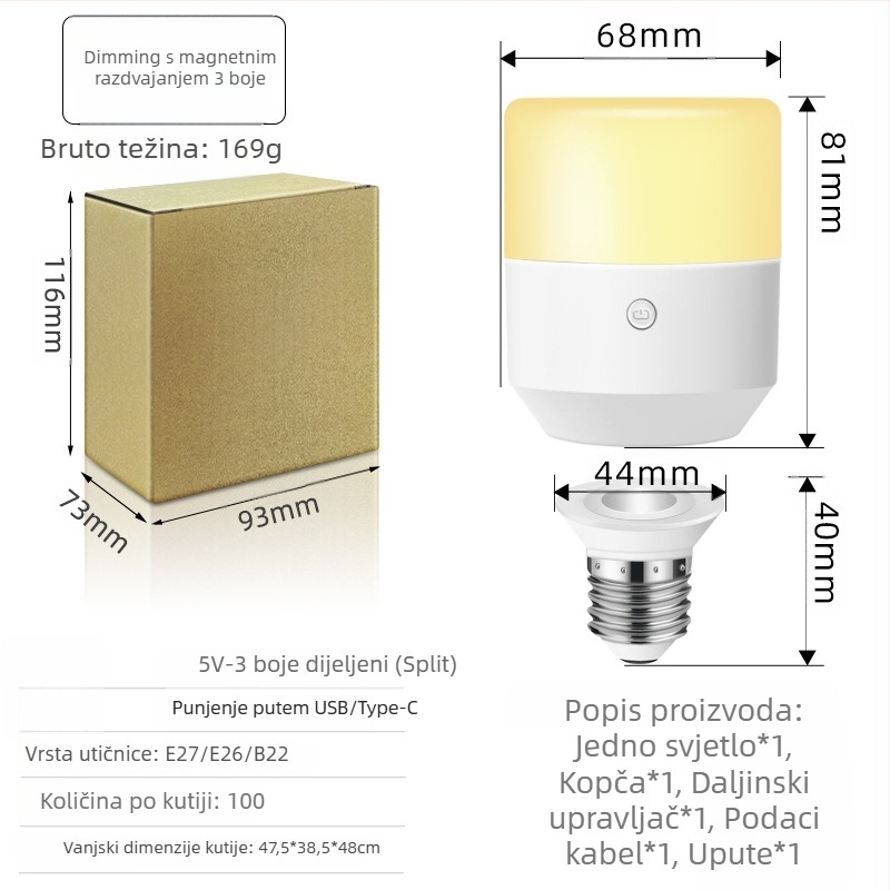 LED noćna svjetiljka s daljinskim upravljačem, bez kablova, punjiva baterija, podesiva jačina svjetla, 5V, 5W, IP20