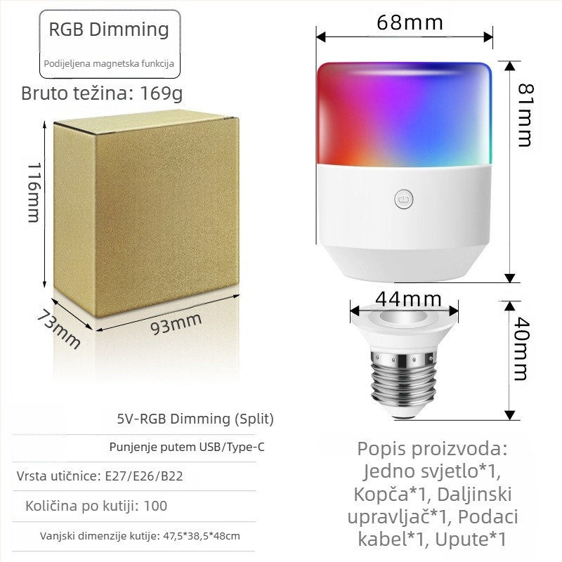 LED noćna svjetiljka s daljinskim upravljačem, bez kablova, punjiva baterija, podesiva jačina svjetla, 5V, 5W, IP20