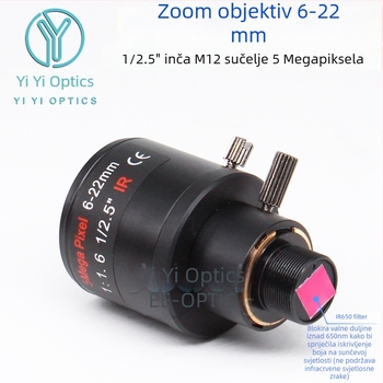 Zoom objektiv s ručnim zumiranjem i zaključavanjem, 6-22 mm, M12 priključak, F1.6, 1/2.5-inčni senzor, minimalna udaljenost fokusa 0,3 m