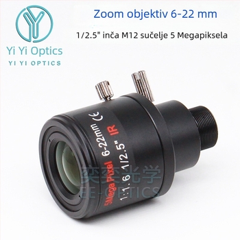 Zoom objektiv s ručnim zumiranjem i zaključavanjem, 6-22 mm, M12 priključak, F1.6, 1/2.5-inčni senzor, minimalna udaljenost fokusa 0,3 m