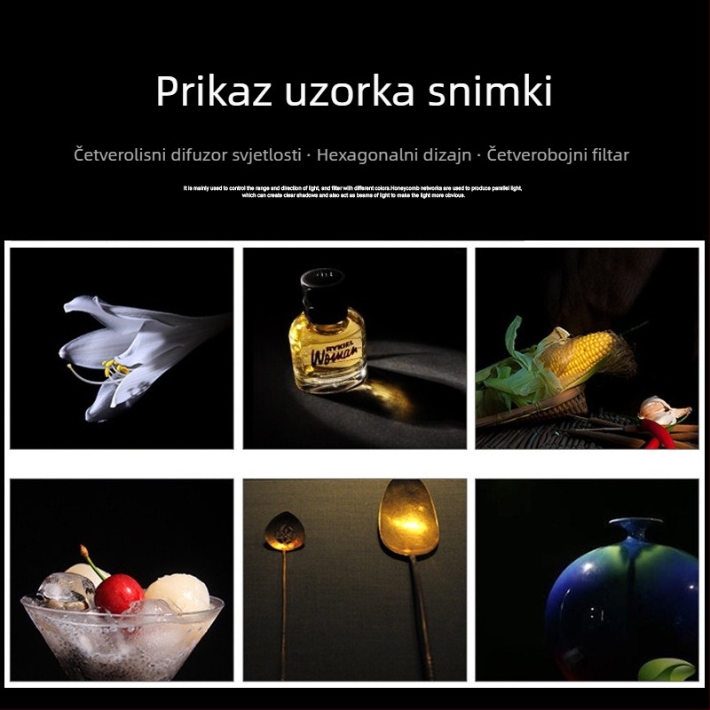 Dodatak za rasvjetu: prilagodljiva četverolistna zaštita svjetla s konturnim filtrom, kompatibilno s poklopcima 18–21 cm, model KLJ2, nosivost 2–5 kg