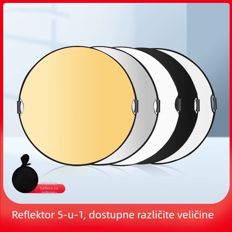 Fotografijski reflektor – okrugli, prijenosni, sklopivi; RETENG, model Reflector/five-in-one, tip proizvoda: reflektivna oprema, za osvjetljenje fotografiranja, materijal: termo tiskanina, srebrna tkanina