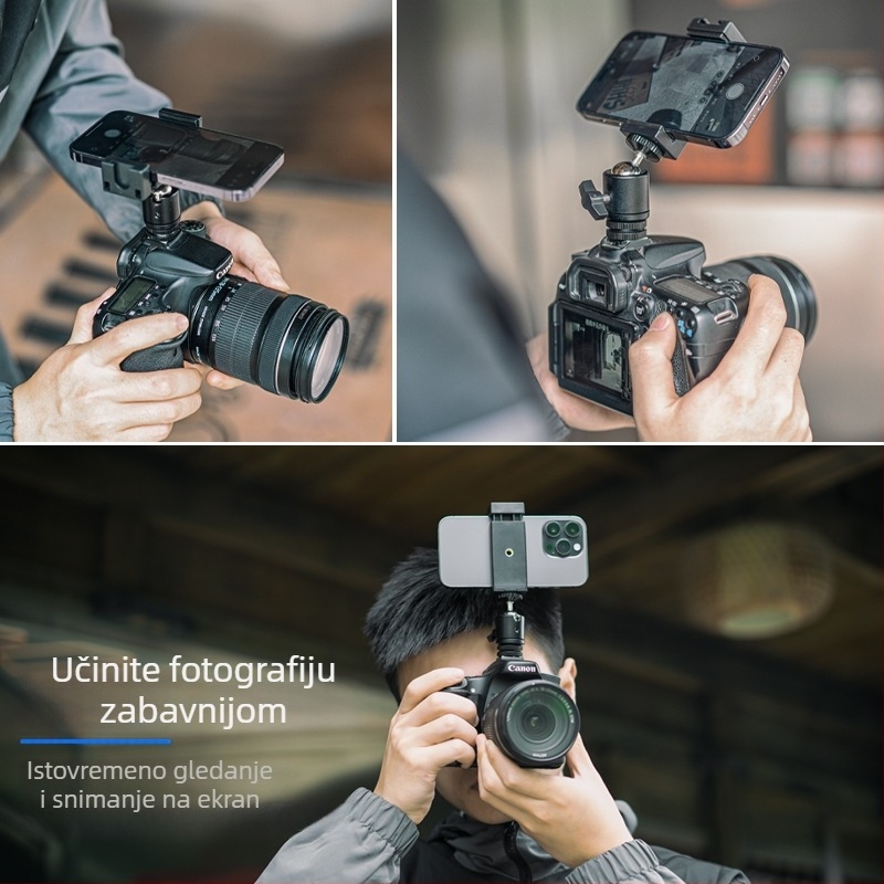 Set glava za stativ - univerzalni aluminijski spoj, držač za telefon s hot shoe, nosivost do 2 kg, držač rasvjetnog svjetla za stol
