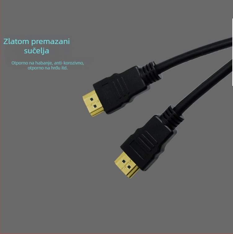 HDMI kabel duljine 1,5 m, verzija 1.4, podržava 1080p, zlatni priključci, jezgro od bakreno obloženog čelika, kompatibilan s računalima, TV-ima, projektorima, monitorima i set-top boxovima