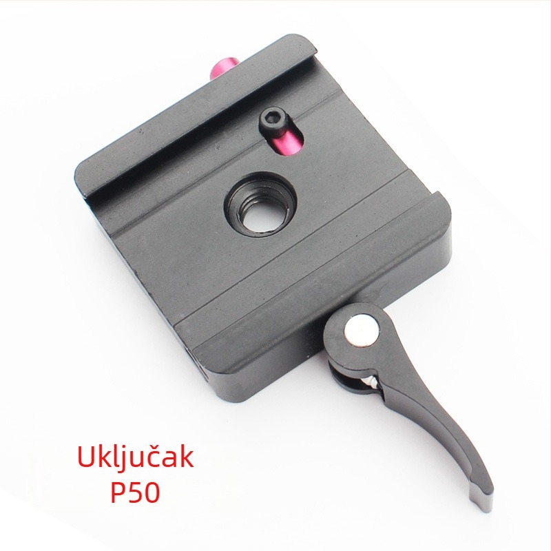Glava stativa s pločom brzog otpuštanja za DSLR, model P50 | aluminijska legura | navoji 3/8 i 1/4 | nosivost 6–10 kg | Dimenzije 50×50×20 mm