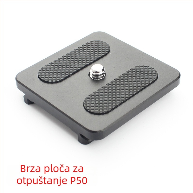 Glava stativa s pločom brzog otpuštanja za DSLR, model P50 | aluminijska legura | navoji 3/8 i 1/4 | nosivost 6–10 kg | Dimenzije 50×50×20 mm