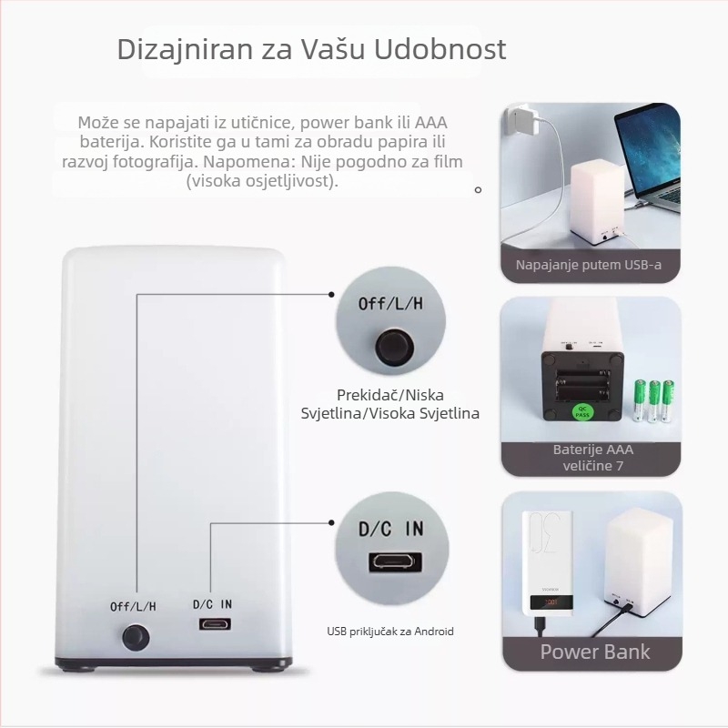 eTone Prenosivo svjetlo za tamnu sobu, LED 635 nm, za razvoj fotopapira i filma, uključuje Android kabel