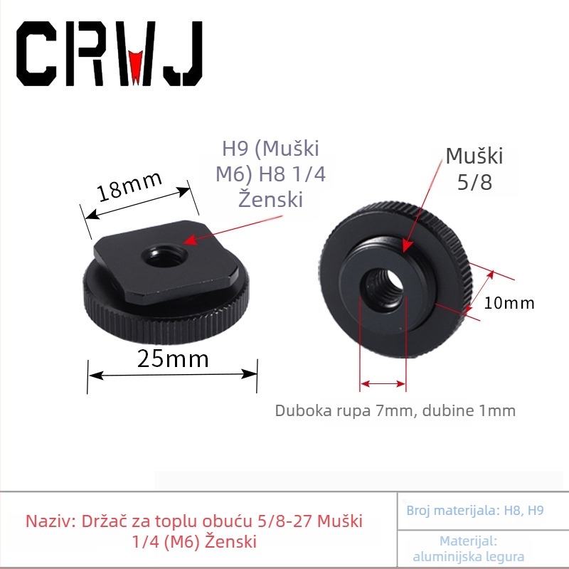 Adapter za hot shoe osovinu – aluminijska legura, 5/8in muški na 1/4in ženski, M6 ženski, jednostruktni dizajn, nosivost 2–5 kg