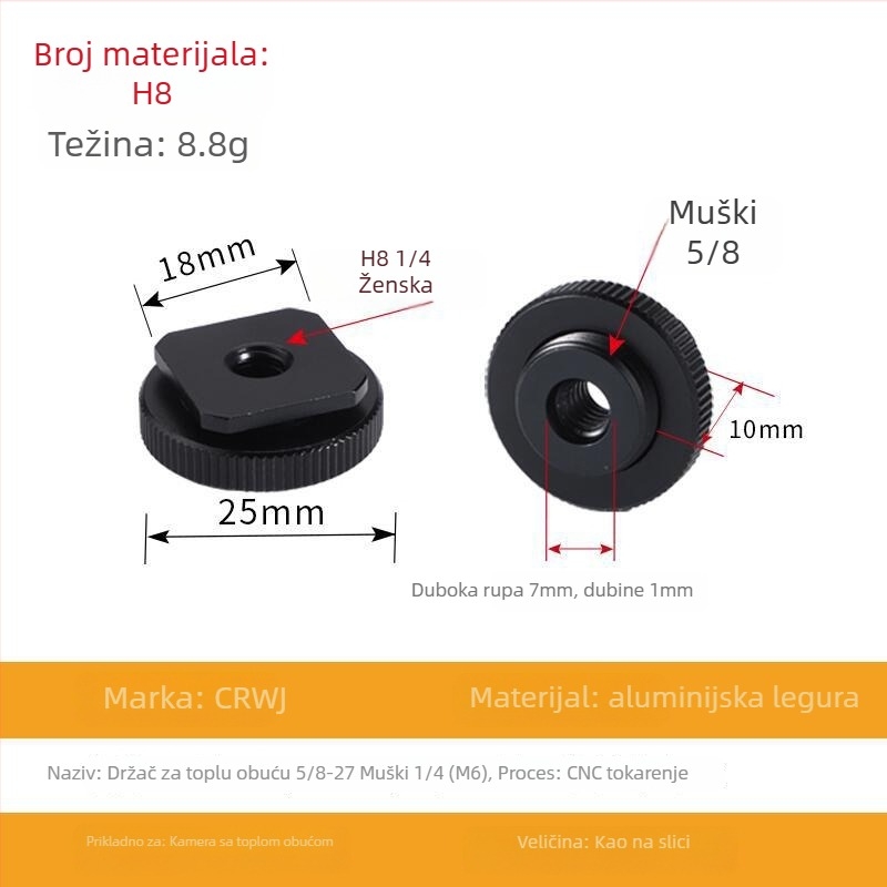 Adapter za hot shoe osovinu – aluminijska legura, 5/8in muški na 1/4in ženski, M6 ženski, jednostruktni dizajn, nosivost 2–5 kg