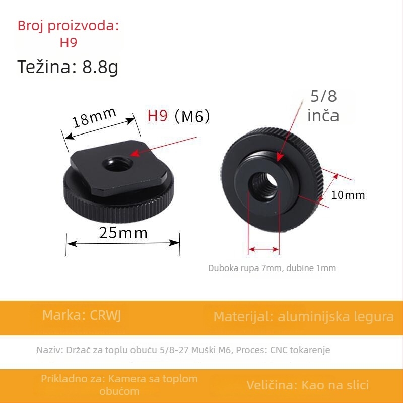 Adapter za hot shoe osovinu – aluminijska legura, 5/8in muški na 1/4in ženski, M6 ženski, jednostruktni dizajn, nosivost 2–5 kg
