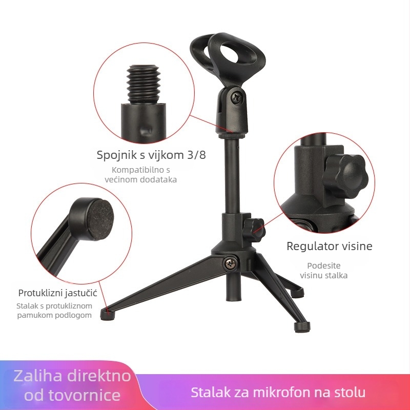 Stalak za mikrofon s teleskopskim podizanjem — metalni držač za mikrofon, telefon i projektor