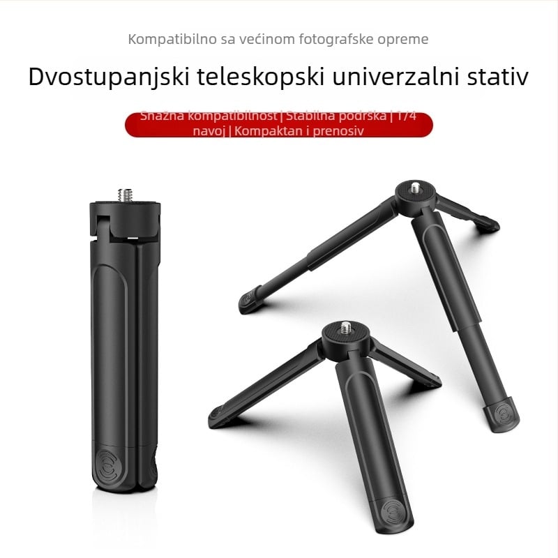 Mini stativ za telefone i stolni projektor, ABS tijelo, dvostupanjska prilagodba, nosivost do 2 kg, masa 95 g, univerzalna kompatibilnost