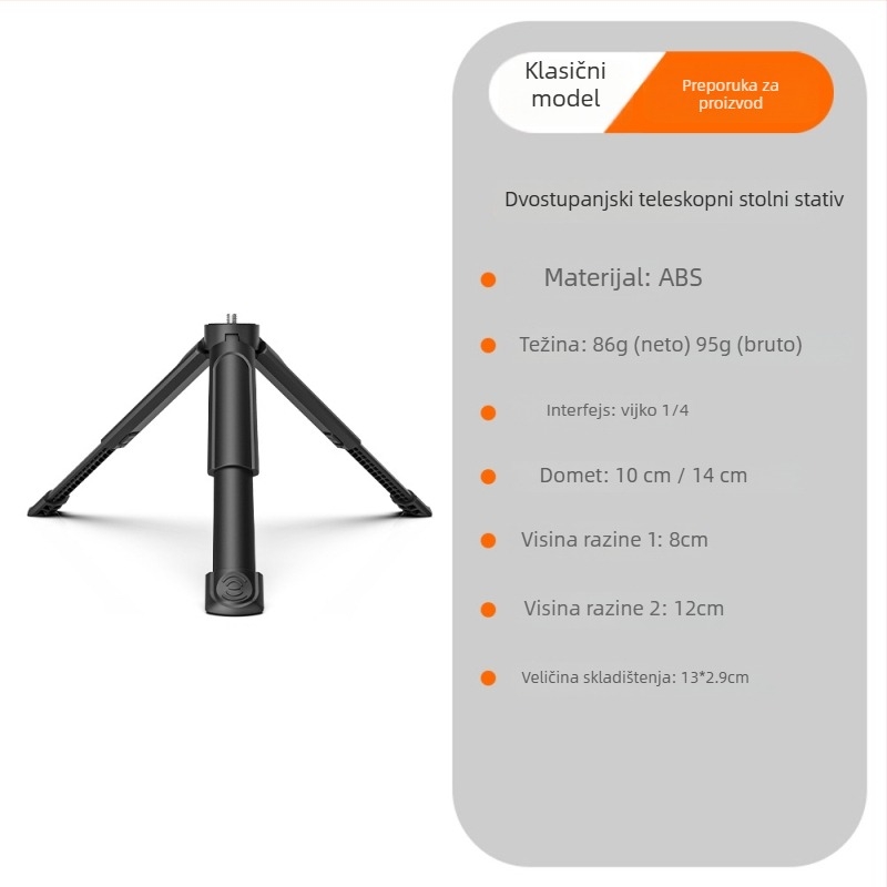 Mini stativ za telefone i stolni projektor, ABS tijelo, dvostupanjska prilagodba, nosivost do 2 kg, masa 95 g, univerzalna kompatibilnost