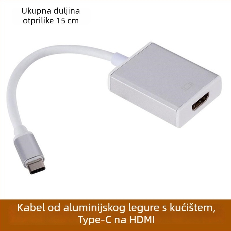 Kabel- adapter Type-C na HDMI iz aluminijske legure, HDMI sučelje, duljina 15 cm, bakreno jezgro, jednokančni konektor