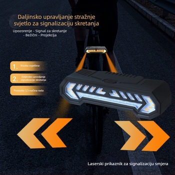 Biciklističko projekcijsko stražnje svjetlo s USB-C punjenjem, ugrađena 1200mAh baterija, montaža trakom – lijevi/desni signal za noćnu vožnju