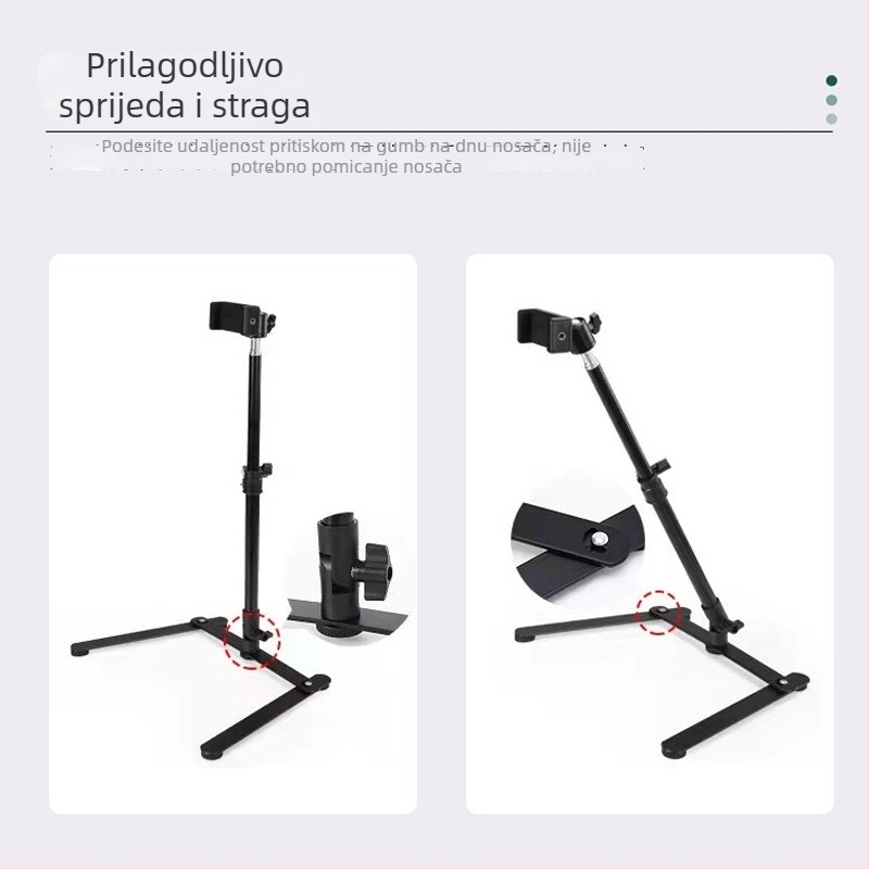 Držač za mobitel za live streaming s rasvjetom, aluminijska legura, podesivo gorno osvjetljenje, sklopiva osnova, nosivost 2-5 kg