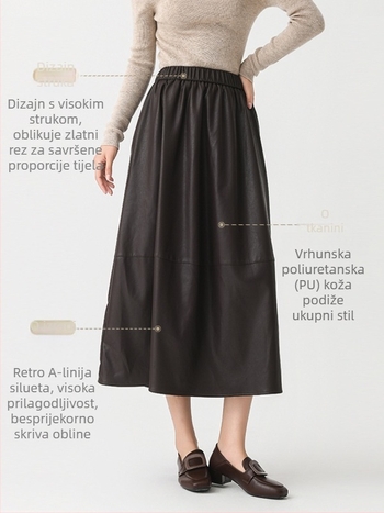Suknja kišobran, A-linija, visokim pasom, srednja duljina, PU tkanina s viskozom