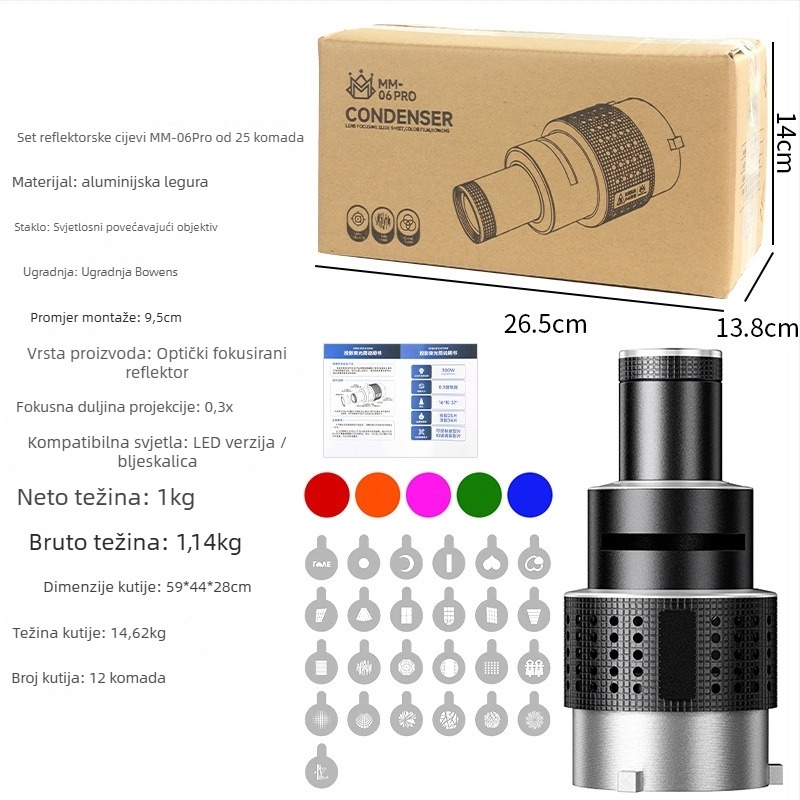 Pribor za objektiv za foto lampu Shenniu Jinbei Hertus Baorong; aluminijska legura; model mm866; LED umetnuta spot leća s optičkim fokusiranjem; nosivost 2–5 kg; težina 1 kg