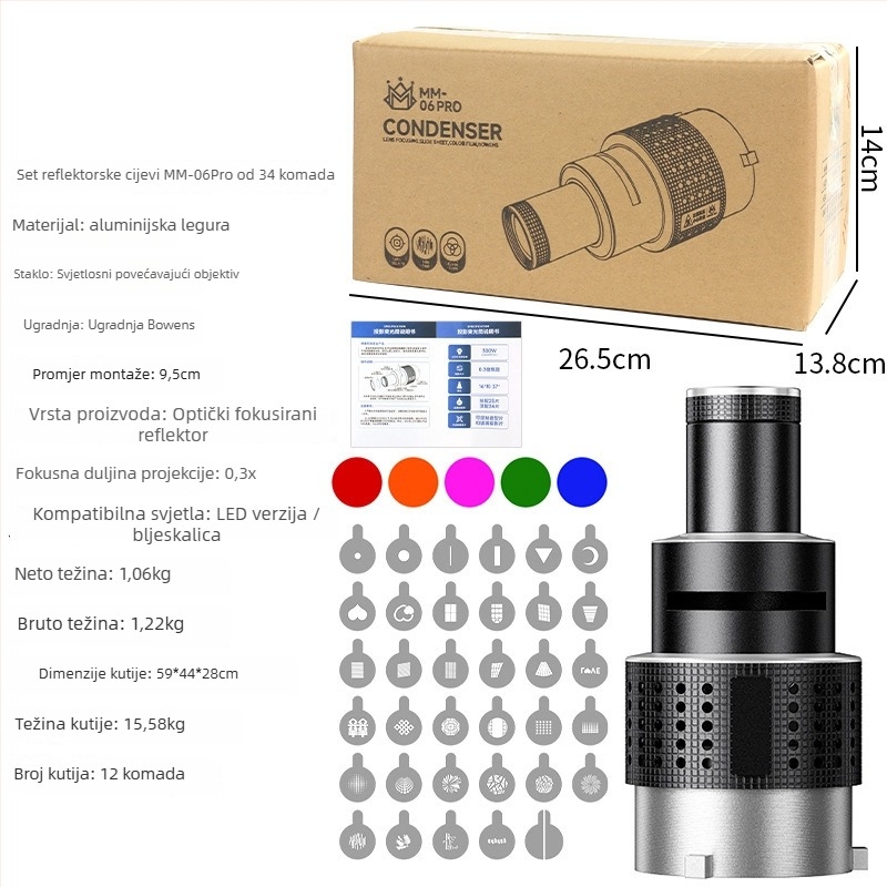 Pribor za objektiv za foto lampu Shenniu Jinbei Hertus Baorong; aluminijska legura; model mm866; LED umetnuta spot leća s optičkim fokusiranjem; nosivost 2–5 kg; težina 1 kg