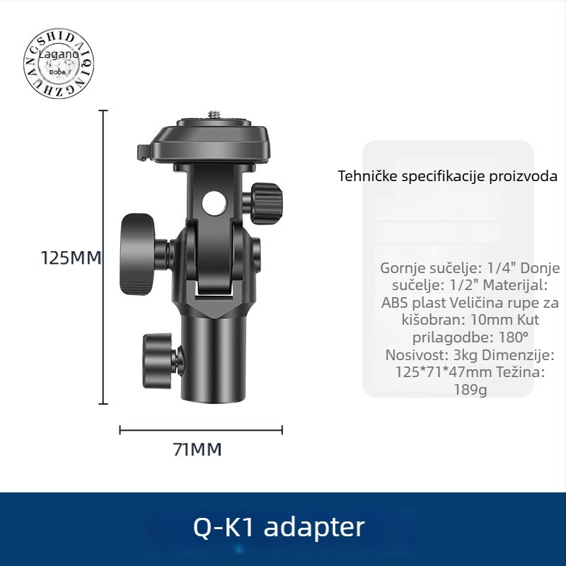 Glava za stativ svjetla Q-K1 s gimbal adapterom — brzo oslobađanje, ABS, nosivost 3 kg, dimenzije 123×70×48 mm