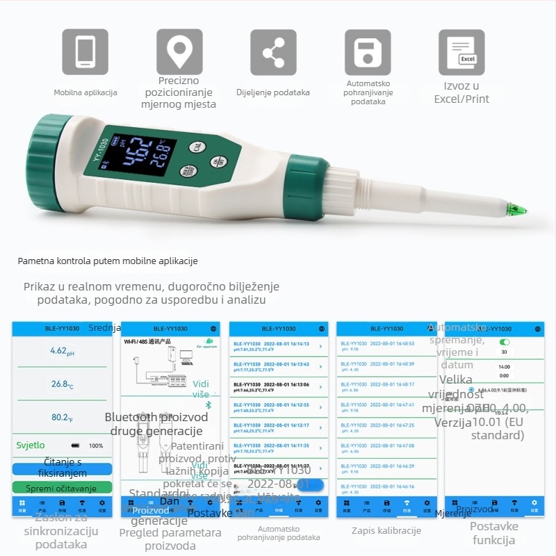 Prijenosni pH mjerač s digitalnim zaslonom, iglovita sonda, raspon pH 0–14, preciznost 0,01, kompenzacija temperature 0–60 °C