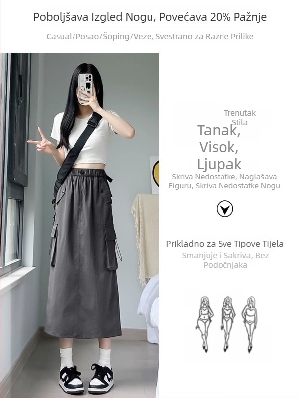 Visokog struka, A-linijska radna suknja sa smockingom, Oxford tkanina, 80-90% poliester, midi duljina, proljeće 2025