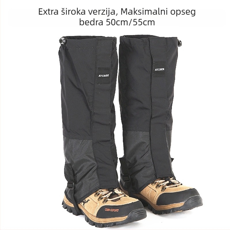 Vanjske gaiters za snijeg, dužine 50-55 cm, proširene i produžene; vodootporne, otporne na blato i insekte; zaštita listova i stopala uz vezice